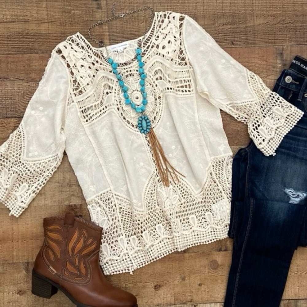 Boho Crochet Blouse Cream Gorgeous Detailed Fabric